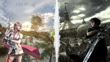 A dynamic 4K background featuring Lightning (Claire Farron) and Noctis Lucis Caelum from Final Fantasy, showcasing magic and swordplay against contrasting landscapes.
