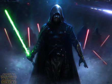 A dark, hooded figure wielding a green lightsaber stands amidst red blaster fire in a high-detail 4K Ultra HD Star Wars sci-fi desktop wallpaper.