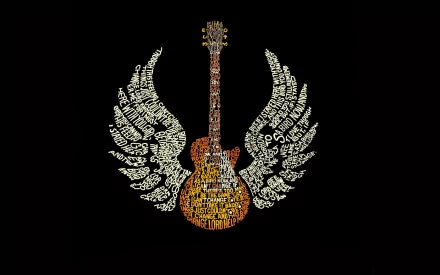 HD desktop wallpaper featuring a guitar with stylized text forming wings on either side, representing rock music.