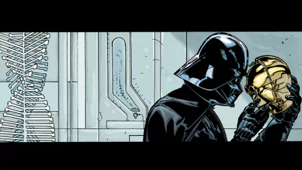 Darth Vader interacts with C-3PO in this striking HD comic-inspired Star Wars: Darth Vader wallpaper, blending iconic characters and captivating imagery.