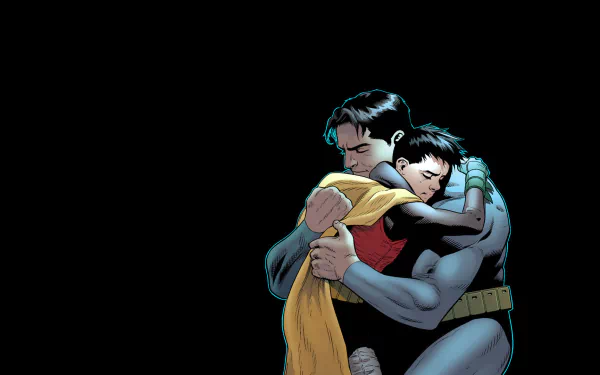 Comic HD desktop wallpaper showing Batman (Bruce Wayne) embracing his son Damian Wayne (Robin) in a tender comic scene from Damian: Son of Batman.