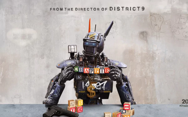 HD desktop wallpaper featuring Chappie, the robot from the movie, sitting with alphabet blocks against a graffiti wall background.