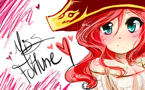 HD PC desktop wallpaper featuring Miss Fortune from the video game League of Legends with vibrant red hair and expressive blue eyes.