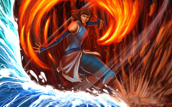 Korra, the water and firebender from *The Legend of Korra*, showcases her elemental mastery in this dynamic HD wallpaper, blending vibrant colors and powerful action.