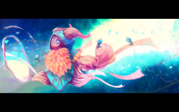 HD PC desktop wallpaper featuring Bard, the cosmic support champion from the video game League of Legends, surrounded by vibrant, glowing cosmic elements.