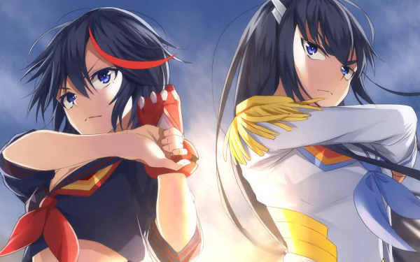 HD anime desktop wallpaper featuring Satsuki Kiryūin and Ryūko Matoi from Kill La Kill, showcasing dynamic poses and intense expressions against a dramatic sky.