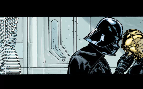 Darth Vader interacts with C-3PO in this striking HD comic-inspired Star Wars: Darth Vader wallpaper, blending iconic characters and captivating imagery.