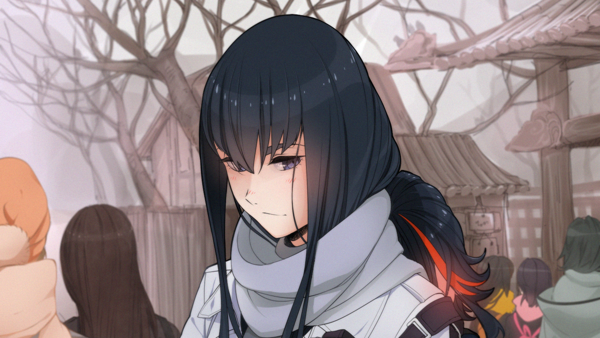 HD desktop wallpaper featuring Satsuki Kiryūin and Ryūko Matoi from the anime Kill La Kill, set against a serene background with cherry blossoms and traditional architecture.