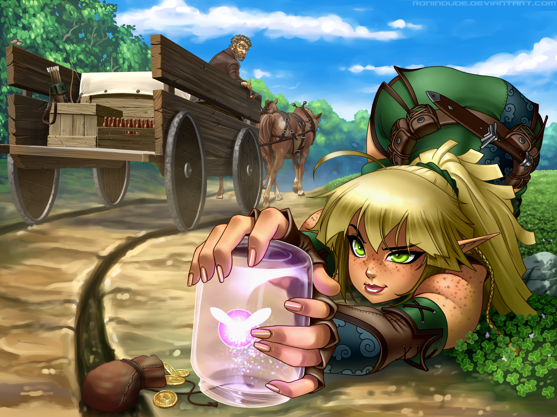 A fantasy-themed 4K Ultra HD wallpaper featuring an elf poised to capture a glowing fairy, with a cart and a distant figure in a lush, vibrant landscape.