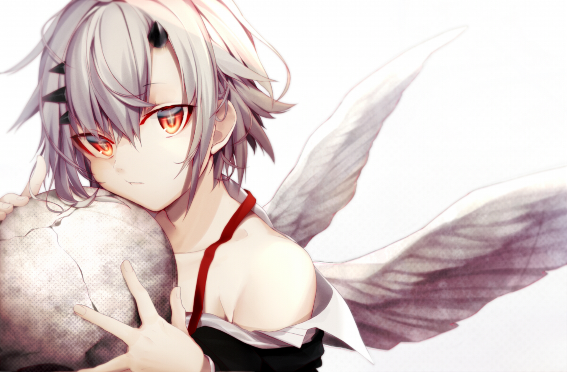 Anime-style original character with white wings and striking orange eyes holds a skull, set against a clean white background in this HD PC desktop wallpaper.