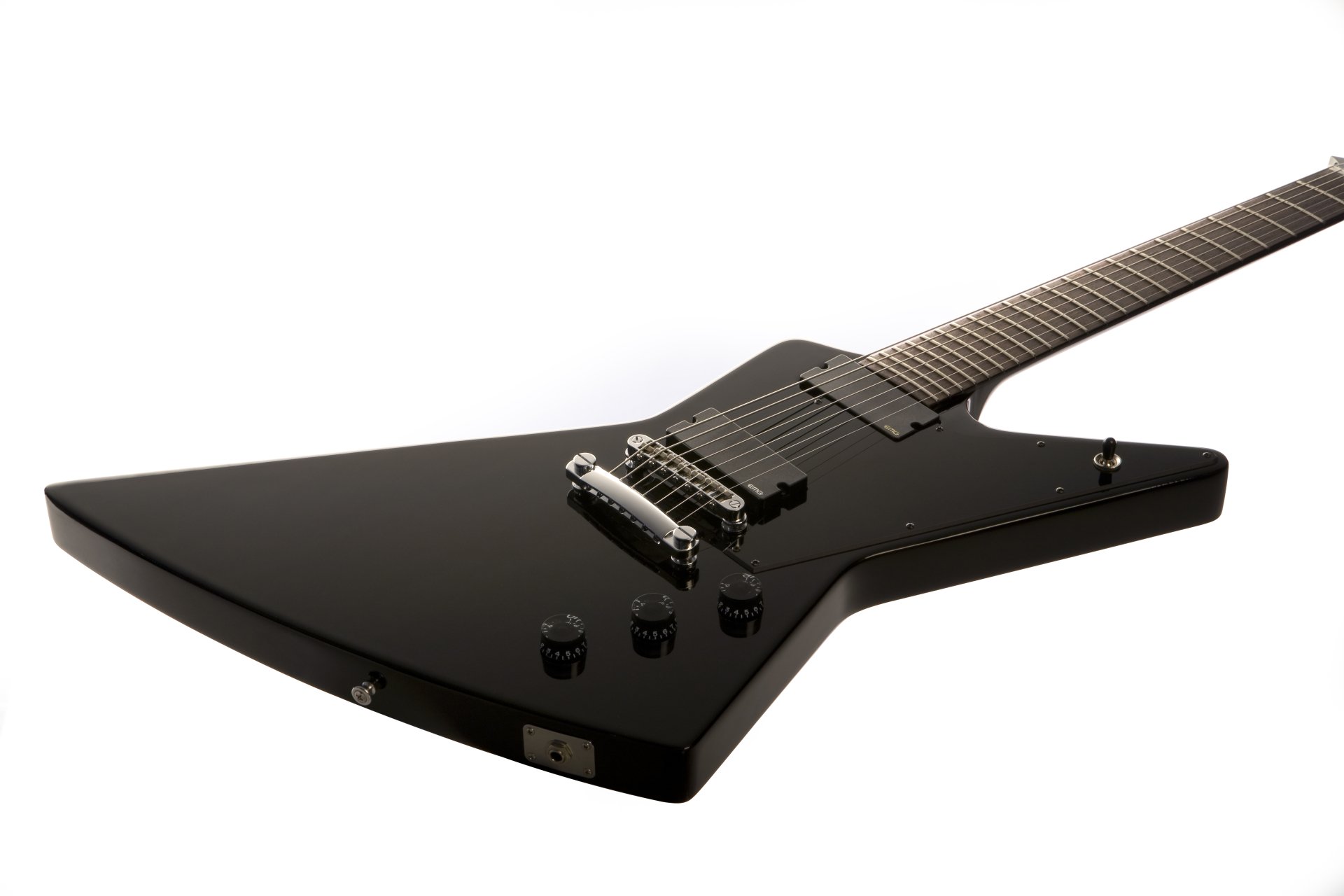 Close-up of a sleek black electric guitar, showcased as a 4K Ultra HD PC desktop wallpaper background with a clean white backdrop.
