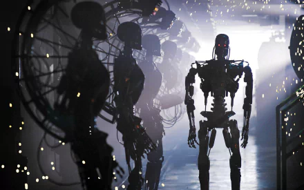 A striking HD wallpaper from *Terminator Salvation*, featuring robotic figures in a dimly lit environment, conveying a sense of futuristic dystopia and technology.