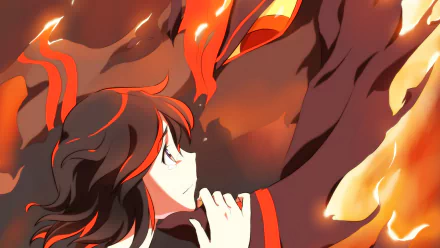 HD anime wallpaper featuring Ryūko Matoi from Kill la Kill, with tears and flames surrounding her and the vivid presence of Senketsu in an intense, fiery scene.