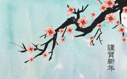 Artistic Japanese desktop wallpaper featuring a delicate branch of blooming cherry blossoms against a soft blue watercolor background, with elegant text in Japanese.