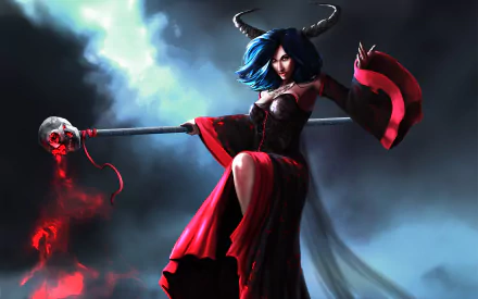 Fantasy-themed HD PC desktop wallpaper depicting a dark witch with blue hair, wearing a red and black dress, holding a staff topped with a glowing skull.