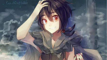 HD PC desktop wallpaper of Zinnia, a video game character from Pokémon: Omega Ruby and Alpha Sapphire — dark hair, red eyes, smiling with hand raised against a misty sky.