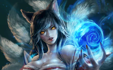 An HD wallpaper featuring Ahri, the magical character from League of Legends, showcasing her enchanting presence and vibrant magic with striking blue hues.