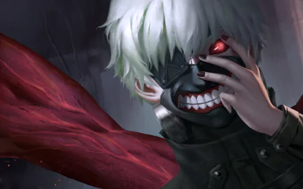 HD desktop wallpaper featuring Ken Kaneki from Tokyo Ghoul, depicted wearing his iconic black mask with a red eye and white hair, set against a dark background with red accents.