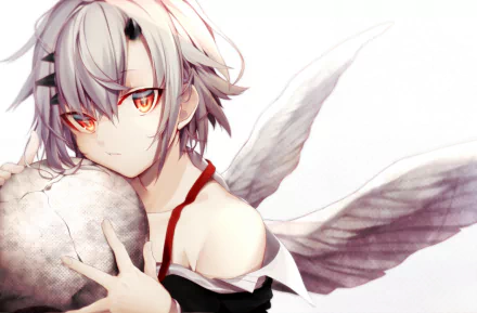 Anime-style original character with white wings and striking orange eyes holds a skull, set against a clean white background in this HD PC desktop wallpaper.