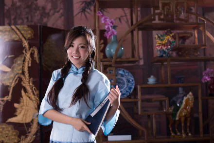 smile orchid flower vase copybook Taiwanese asian model woman Chén Sīyǐng HD Desktop Wallpaper | Background Image