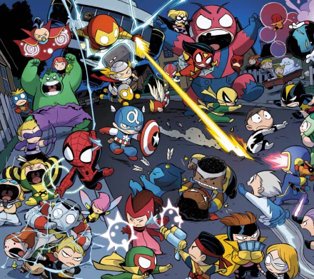 HD desktop wallpaper featuring a vibrant scene from the comic A-Babies vs. X-Babies, with baby versions of superheroes engaged in a playful battle.
