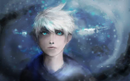 Jack Frost from the movie Rise of the Guardians appears with icy blue eyes and white hair, set against a mystical, wintry backdrop in this HD wallpaper.