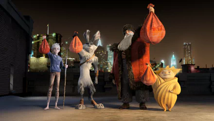 Colorful HD wallpaper featuring characters from Rise of the Guardians: Jack Frost, E. Aster Bunnymund, North, and Sandman, each holding festive bags against a nighttime city backdrop.