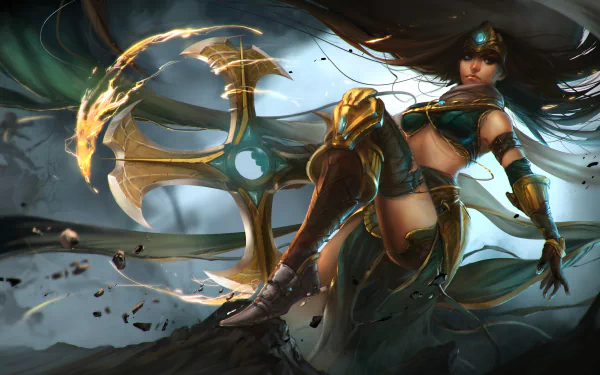 Sivir from League of Legends poses dynamically, wielding her signature boomerang in a dramatic, high-resolution 4K Ultra HD background, encapsulating her fierce warrior spirit.