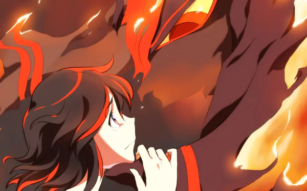 HD anime wallpaper featuring Ryūko Matoi from Kill la Kill, with tears and flames surrounding her and the vivid presence of Senketsu in an intense, fiery scene.