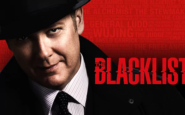 HD desktop wallpaper featuring James Spader as his character from The Blacklist with the show's logo overlay.
