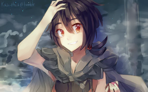 HD PC desktop wallpaper of Zinnia, a video game character from Pokémon: Omega Ruby and Alpha Sapphire — dark hair, red eyes, smiling with hand raised against a misty sky.