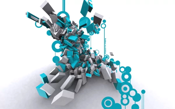 An abstract HD wallpaper featuring dynamic shapes and patterns in shades of teal and gray, set against a white background, showcasing modern CGI technology and intricate textures.