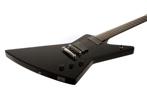 Close-up of a sleek black electric guitar, showcased as a 4K Ultra HD PC desktop wallpaper background with a clean white backdrop.