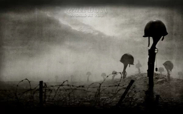 A moody HD wallpaper featuring a battlefield scene from Call of Duty: World at War, with silhouetted helmets and barbed wire, evoking a sense of war and remembrance.