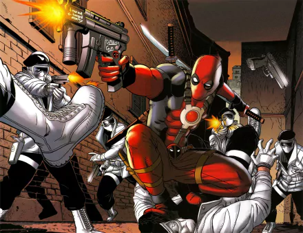 HD desktop wallpaper featuring Deadpool in a dynamic comic book action scene, battling against multiple attackers in an alleyway.