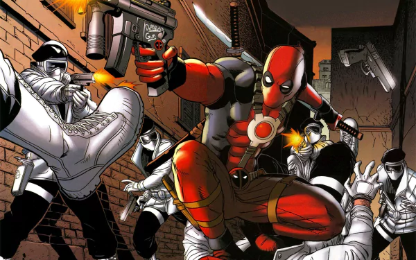 HD desktop wallpaper featuring Deadpool in a dynamic comic book action scene, battling against multiple attackers in an alleyway.