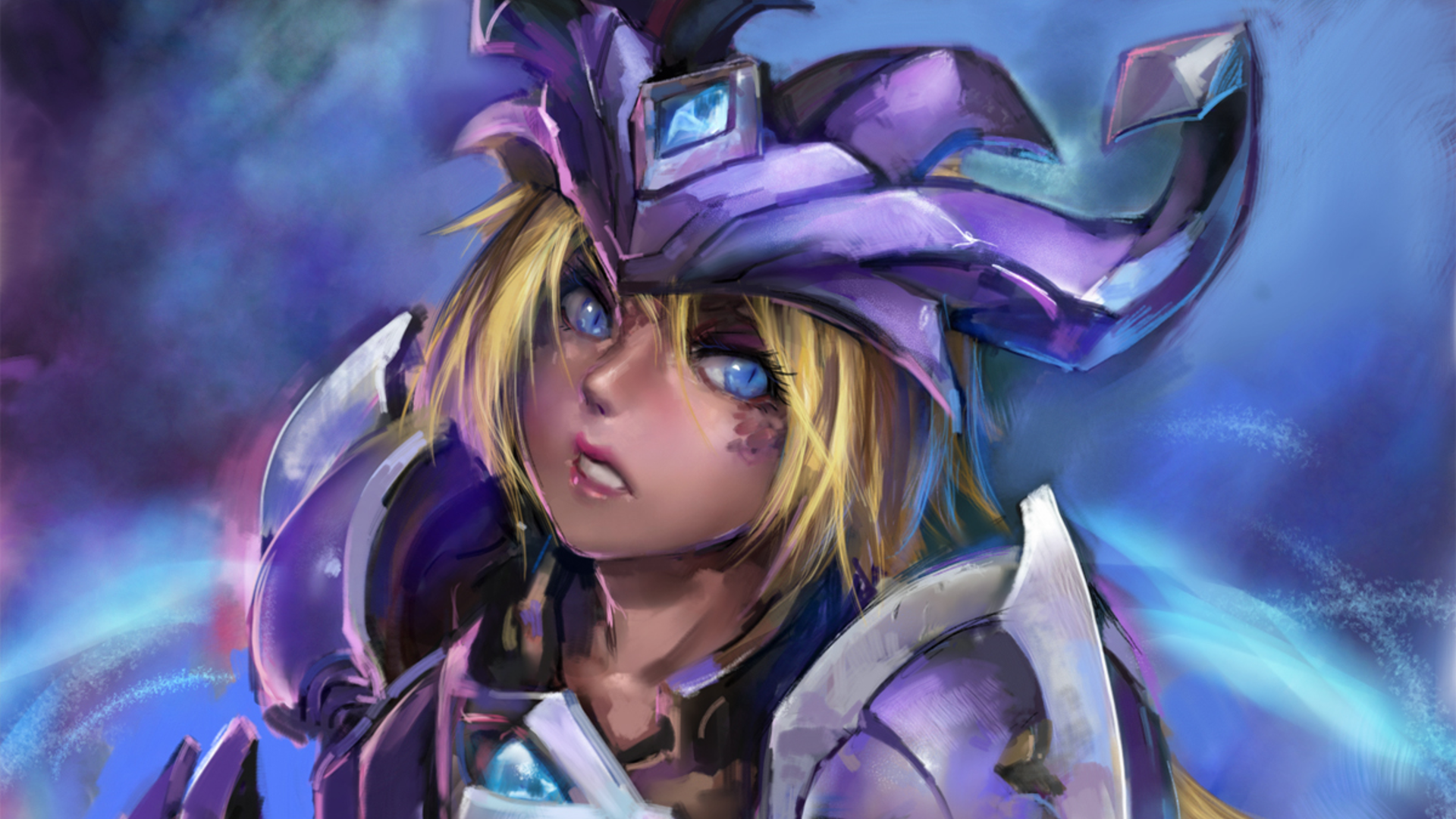 HD PC wallpaper of Shyvana from the video game League of Legends: close-up of a blonde, blue-eyed warrior in purple dragon-themed armor against a stormy blue backdrop.