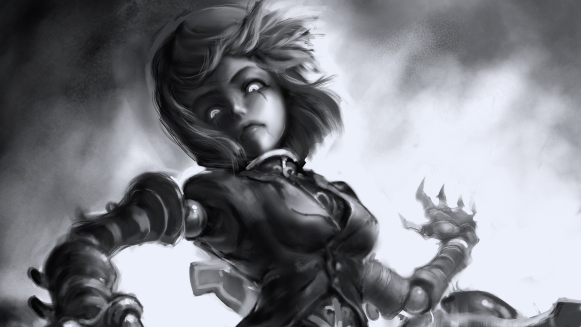 Monochrome HD desktop wallpaper of Orianna from the video game League of Legends, a clockwork, robotic woman frozen in a dynamic, eerie pose.