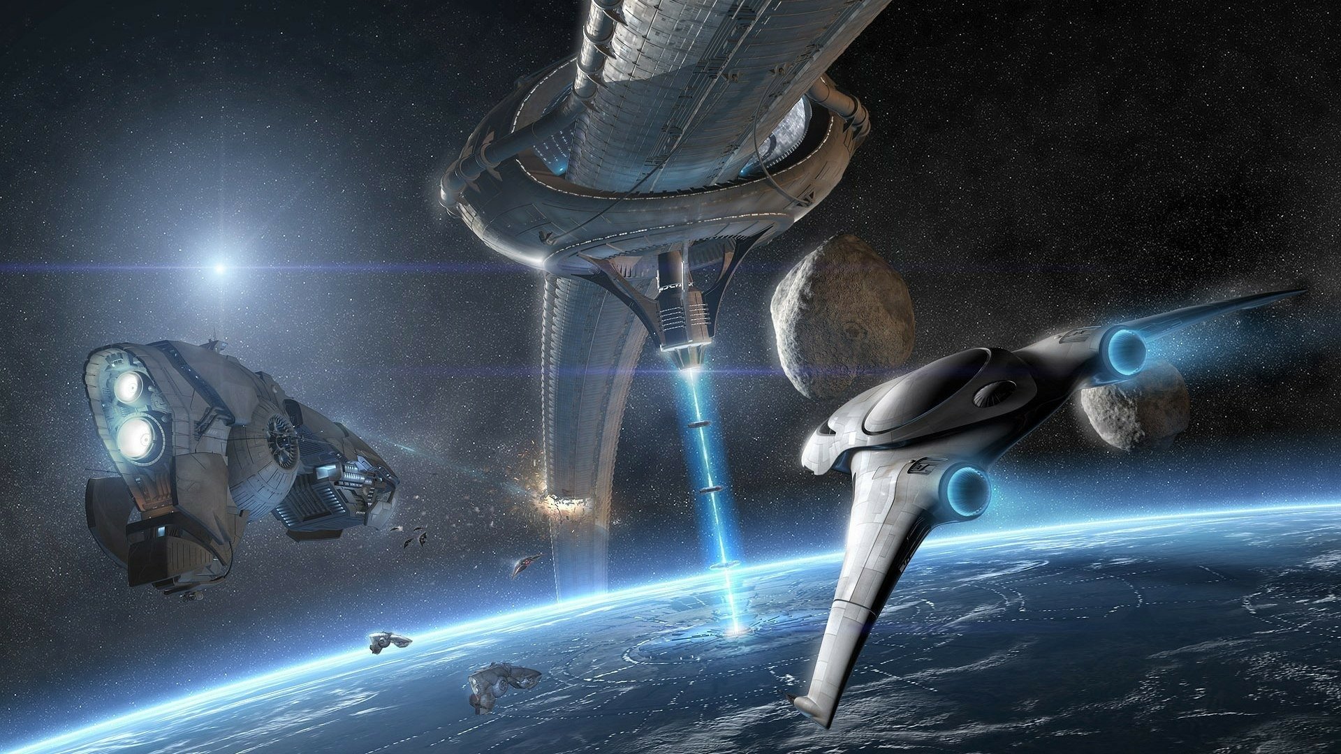 Futuristic scene featuring a spaceship and a massive space station amidst asteroids, set against a backdrop of Earth, designed as a striking HD PC desktop wallpaper.