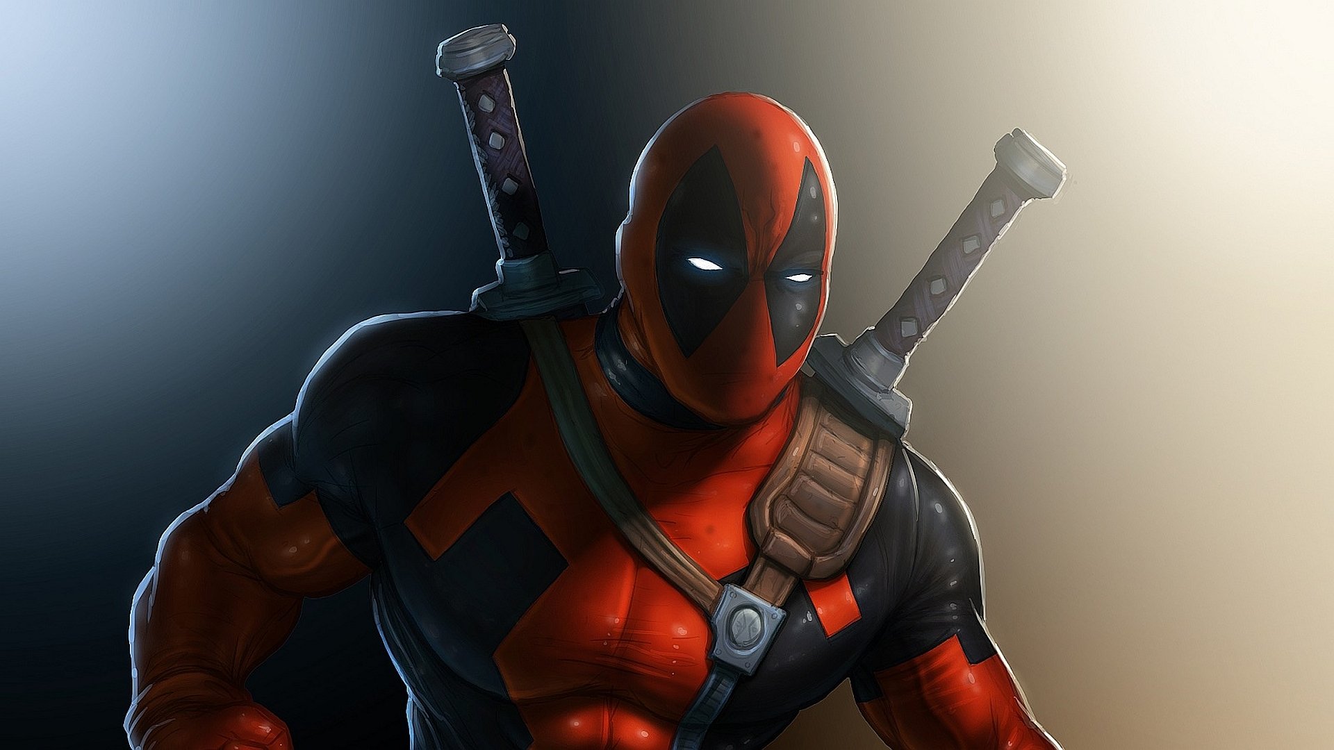 A dynamic HD desktop wallpaper featuring Deadpool in his iconic red and black suit, equipped with swords. The vibrant comic style adds a striking touch to your screen background.