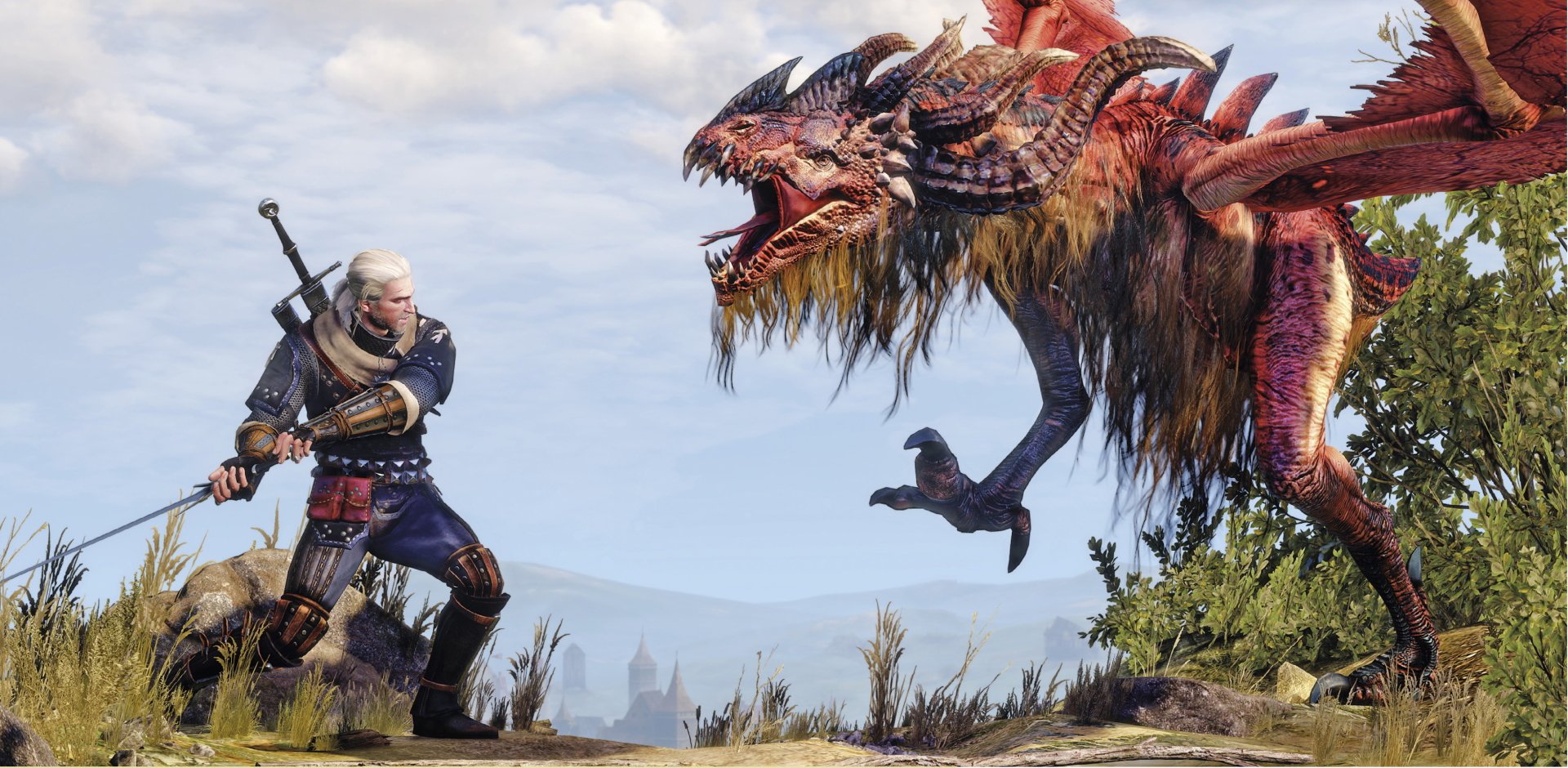 Geralt of Rivia faces a fierce monster in this vibrant HD wallpaper from The Witcher 3: Wild Hunt, showcasing an intense battle in a stunning fantasy landscape.