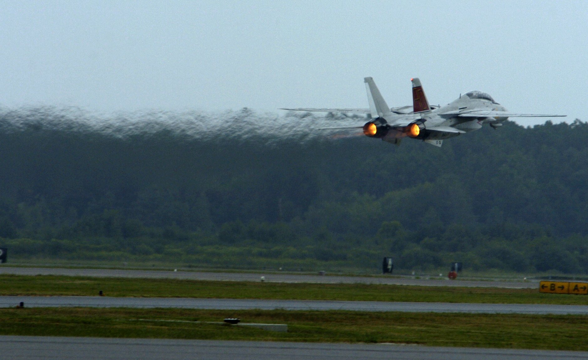 HD desktop wallpaper featuring a Grumman F-14 Tomcat military jet taking off with afterburners ignited over a runway surrounded by trees.
