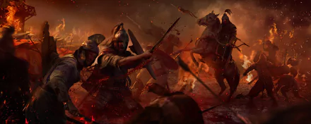 HD PC desktop wallpaper from the video game Total War: Attila, depicting intense medieval battle scenes with armored warriors and mounted cavalry in fiery combat.