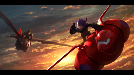 Hiro Hamada and Baymax soar through a vibrant sky alongside a dragon, blending elements from Big Hero 6 and How to Train Your Dragon 2 in this captivating HD wallpaper.
