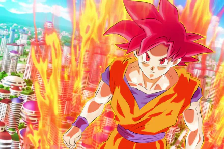 HD desktop wallpaper of Goku in his Super Saiyan God form from Dragon Ball Z, with vivid colors and a fiery background.