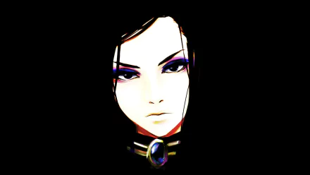 A minimalist HD wallpaper featuring Re-L Mayer from Ergo Proxy, showcasing a striking face with black hair and intense expression against a dark background.