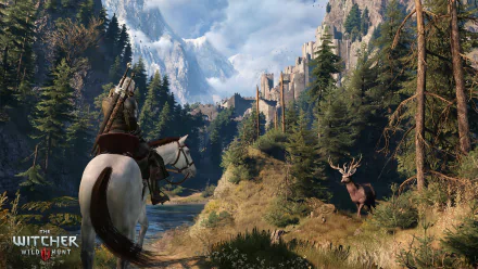 A serene HD wallpaper from The Witcher 3: Wild Hunt features Geralt of Rivia on horseback facing a majestic landscape with mountains, a river, and a deer near a distant castle.
