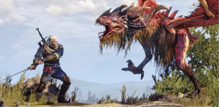 Geralt of Rivia faces a fierce monster in this vibrant HD wallpaper from The Witcher 3: Wild Hunt, showcasing an intense battle in a stunning fantasy landscape.