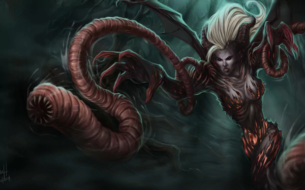 Zyra from the video game League of Legends, looming with writhing thorned vine tendrils in a dark teal scene — 4K Ultra HD PC desktop wallpaper/background.