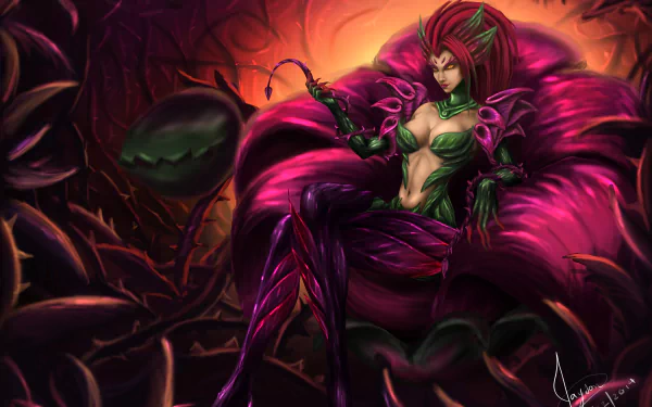 A vibrant HD wallpaper featuring Zyra from League of Legends, seated regally amidst lush, dark foliage, showcasing her captivating character design and enchanting aura.